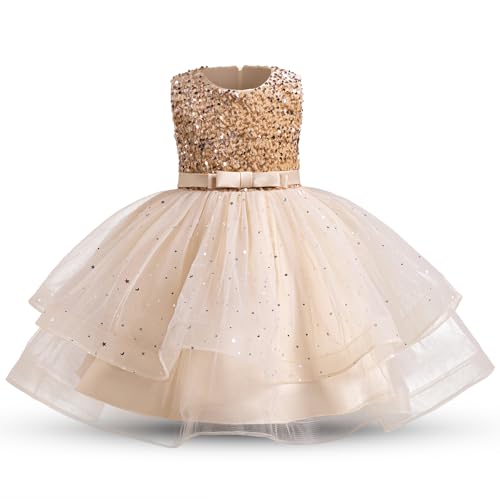 TTYAOVO Blumen Mädchenkleid Mit Sternen Pailletten Party Prinzessin Tüllkleid Größe 130(5-6 Jahr, 55 Champagner) von TTYAOVO