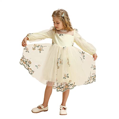 TTYAOVO Mädchen Blume Lang Ärmel Prinzessin Zwanglos Kleid Größe110(3-4 Jahre) 1924 Beige von TTYAOVO