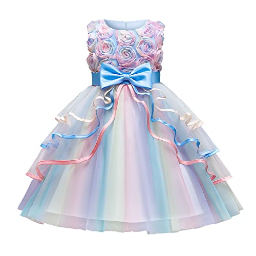 TTYAOVO Mädchen Spitze Prinzessin Kleid Blume Hochzeit Festzug Party Regenbogen Tüll Kleid Größe130 （5-6 Jahre） 736 Blau von TTYAOVO