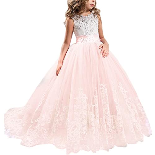 TTYAOVO Mädchen bodenlangen Spitze Prinzessin Kleid Mädchen Party Hochzeit Brautjungfer Kleid Geschichteten geschwollenen Tüll Kleider (Größe130) 6-7 Jahre 406 Rosa von TTYAOVO