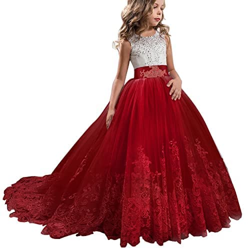 TTYAOVO Mädchen bodenlangen Spitze Prinzessin Kleid Mädchen Party Hochzeit Brautjungfer Kleid Geschichteten geschwollenen Tüll Kleider (Größe160) 12-13 Jahre 406 Rot von TTYAOVO