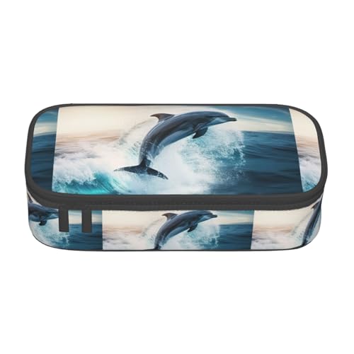 TTYDOKLA Federmäppchen aus Oxford-Stoff, Motiv: schwimmender Delfin im blauen Meer, mit mehreren Fächern, ideal für Reisen oder Büro, Schwarz , Einheitsgröße, Kosmetiktasche von TTYDOKLA