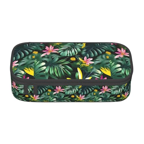 TTYDOKLA Federmäppchen aus Oxford-Stoff mit tropischen Blättern und Blumen, mit mehreren Fächern, ideal für Reisen oder Büro, Schwarz , Einheitsgröße, Kosmetiktasche von TTYDOKLA