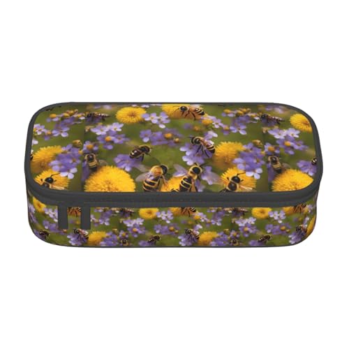 TTYDOKLA Federmäppchen mit ländlichem Honigbienen-Wildblumen-Druck, Oxford-Stoff, mit mehreren Fächern, ideal für Reisen oder Büro, Schwarz , Einheitsgröße, Kosmetiktasche von TTYDOKLA