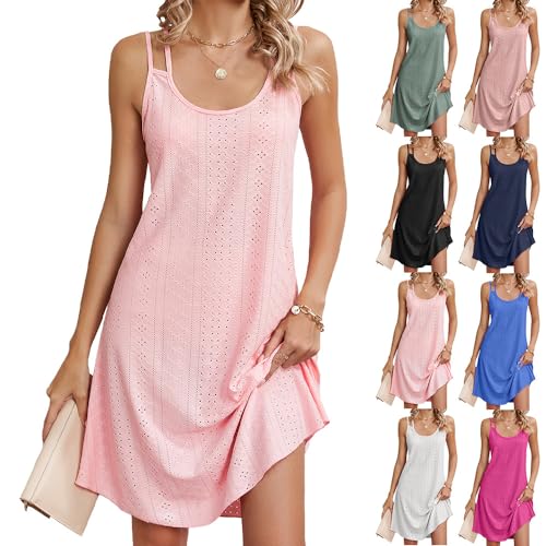 Damen Sommerkleid Ärmellos Tank Kleid Leicht und Luftig Spaghetti Trägerkleid Casual Sommer Swing Kleid (DE/NL/SE/PL, Alphanumerisch, M, Regular, Regular, Rosa) von TUANMOZI