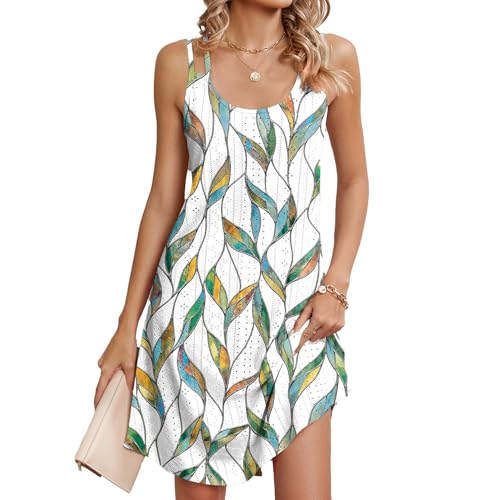 Damen Sommerkleid Ärmellos Tank Kleid Leicht und Luftig Spaghetti Trägerkleid Casual Sommer Swing Kleid (DE/NL/SE/PL, Alphanumerisch, S, Regular, Regular, Blatt) von TUANMOZI