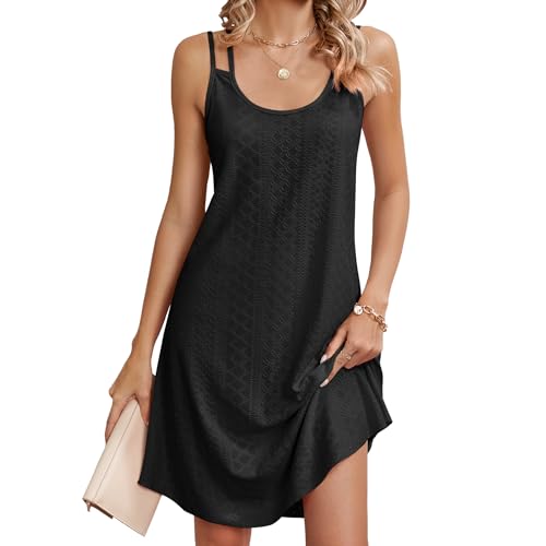 Damen Sommerkleid Ärmellos Tank Kleid Leicht und Luftig Spaghetti Trägerkleid Casual Sommer Swing Kleid (DE/NL/SE/PL, Alphanumerisch, S, Regular, Regular, schwarz) von TUANMOZI