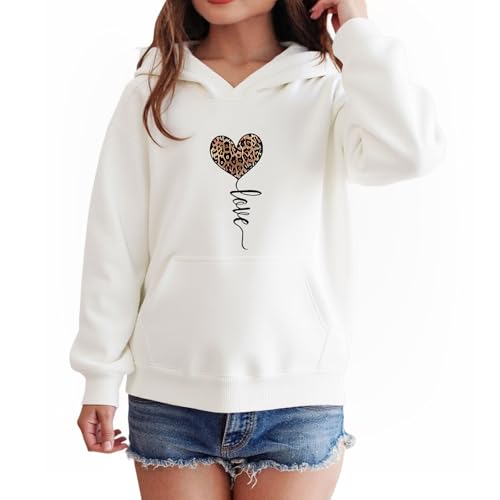 Hoodie Mädchen Kapuzenpullover Leopard Drucke Sweatshirt mit Kapuzen Casual Baumwolle Pullover Langarm Kapuzenpulli mit Taschen 7-14 Jahre (DE/NL/SE/PL, Alter, 11 Jahre, 12 Jahre, Regular, Weiß) von TUANMOZI