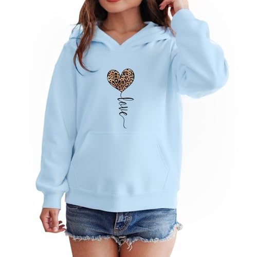 Hoodie Mädchen Kapuzenpullover Leopard Drucke Sweatshirt mit Kapuzen Casual Baumwolle Pullover Langarm Kapuzenpulli mit Taschen 7-14 Jahre (DE/NL/SE/PL, Alter, 13 Jahre, 14 Jahre, Regular, Blau) von TUANMOZI