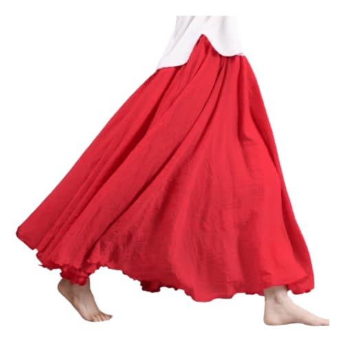 Röcke Damen Leinen Maxirock Baumwolle Leinen Rock Boho Sommerrock Einfarbig Freizeitrock Faltenrock Frauen Langerock (DE/NL/SE/PL, Alphanumerisch, Einheitsgröße, Regular, Regular, Rot 3) von TUANMOZI