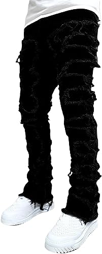 Herren Gestapelte Jeans Slim Fit Ripped Skinny Stretch Jeans Distressed Gerade Denim Hosen Hip Hop Hosen Streetwear (schwarz,S) von TUBBLI