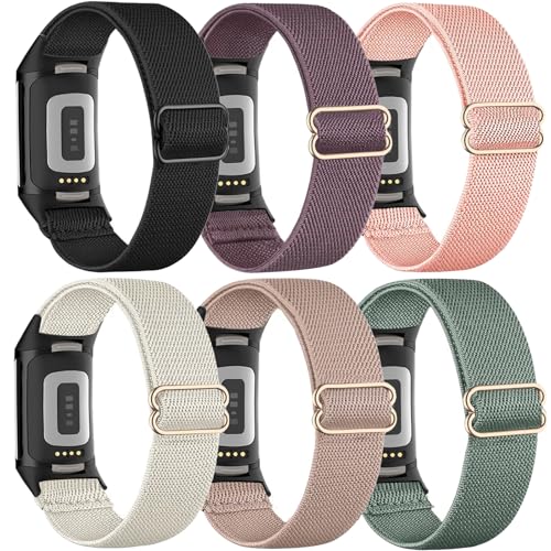 TUCOMO 6 Stück Elastische Nylon Armband Kompatibel mit Fitbit Charge 5 / Charge 6, Loop Dehnbares Uhrenarmband für Fitbit Charge 5/6 Herren Damen von TUCOMO