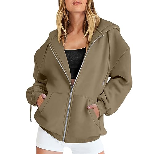 Frauen Kapuzen-Sweatshirt-Jacke Übergröße Full Zip Up Jumper Tops Solid Farbe lose Komfort Fit Hooded Pullover Langarm Herbst Sport Style Casual Hoodie Tunnelzug Jacken mit Taschen von TUDUZ