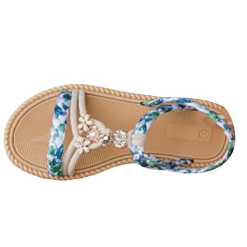 TUDUZ 2025 Geflochtene Damen Sandalen Sommerschuhe Blumenmuster Damen Bequeme Orthopädische Schuhe Offene Zehenpartie Rutschfeste Atmungsaktive Plateau-Strandsandalen (Blue, 37) von TUDUZ