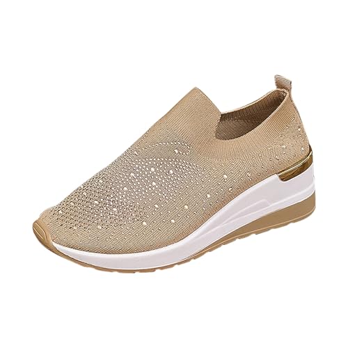 TUDUZ 2025 Kristall-Verzierung Glitzer-Sneaker Plateau-Keilschuhe Funkelnde Mesh-Sneaker Atmungsaktive Glitzerschuhe Damenschuhe Slipper (Beige, 41) von TUDUZ