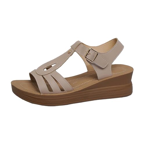 TUDUZ 2025 T-Riemen-Keilsandalen für Damen bequeme Fußgewölbeunterstützung Wanderschuhe offene Zehenpartie Strandsandalen (Khaki, 42) von TUDUZ