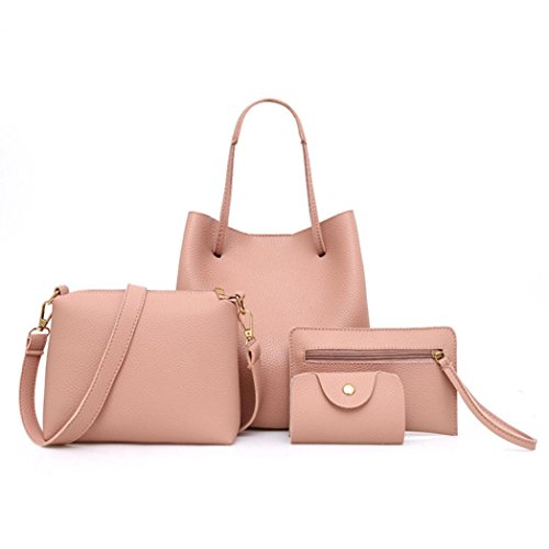 TUDUZ 4Pcs Damen Elegant PU-Leder Handtasche + Umhängetasche + Messenger Tasche + Card Paket (Rosa) von TUDUZ