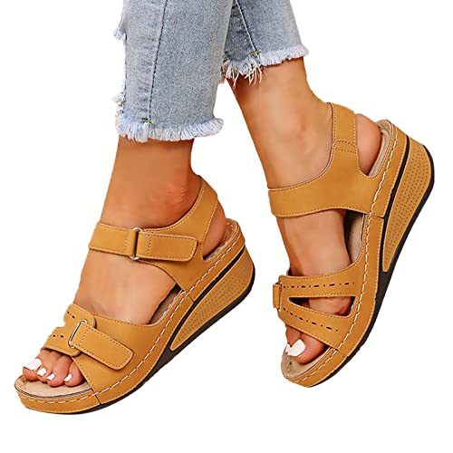 TUDUZ Cool Girl Solid Color Self Adhesive Wedge Sandalen sind weiche und atmungsaktive perforierte Damensandalen bequem und weich (Yellow, 40) von TUDUZ