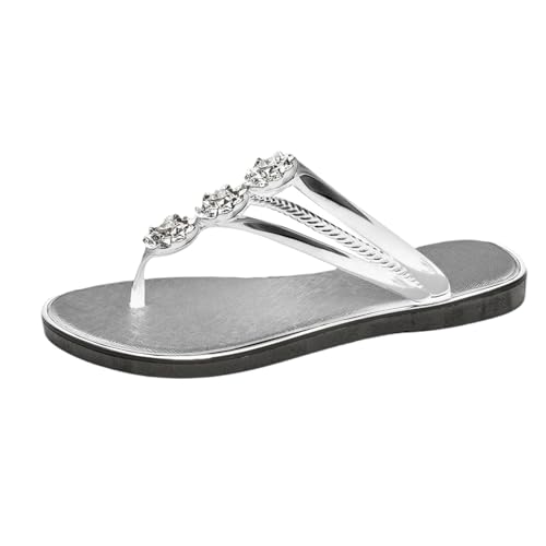 TUDUZ Damen Flip-Flops mit Kristallverzierung Schwarz Flache Zehentrenner-Sandalen Strand Tanga Hausschuhe Hohl Casual Clip Toe Hausschuhe Elegant Vintage Silver gr 40 von TUDUZ