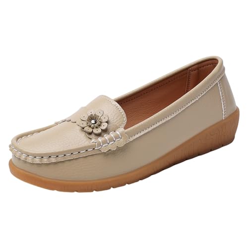 TUDUZ Damen Keil Loafer mit Blumendekor WeicheLeder Flache Comfort-Sohle Bequeme Flache Loafer Damen leicht runde Zehenpartie Bootsschuhe (Beige, 40) von TUDUZ