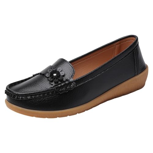 TUDUZ Damen Keil Loafer mit Blumendekor WeicheLeder Flache Comfort-Sohle Bequeme Flache Loafer Damen leicht runde Zehenpartie Bootsschuhe (Black, 41) von TUDUZ