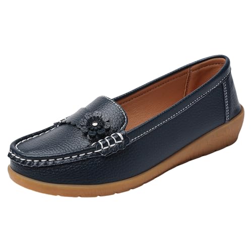 TUDUZ Damen Keil Loafer mit Blumendekor WeicheLeder Flache Comfort-Sohle Bequeme Flache Loafer Damen leicht runde Zehenpartie Bootsschuhe (Blue, 39) von TUDUZ