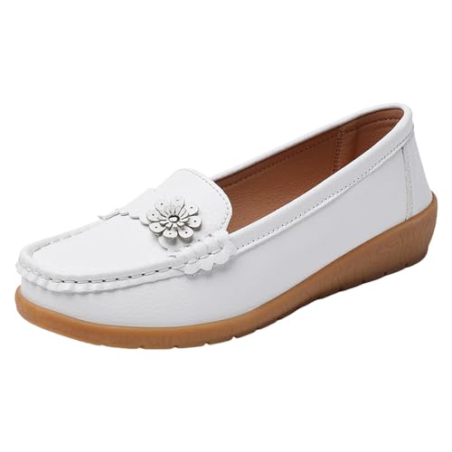 TUDUZ Damen Keil Loafer mit Blumendekor WeicheLeder Flache Comfort-Sohle Bequeme Flache Loafer Damen leicht runde Zehenpartie Bootsschuhe (White, 41) von TUDUZ