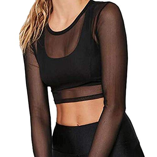 TUDUZ Damen Langarm Pullover, Frauen Langarm Shirt Transparent Tüll Mesh Bluse Body T-Shirt Tunika Tops Schwarz (Z2-Schwarz, EU36/S) von TUDUZ