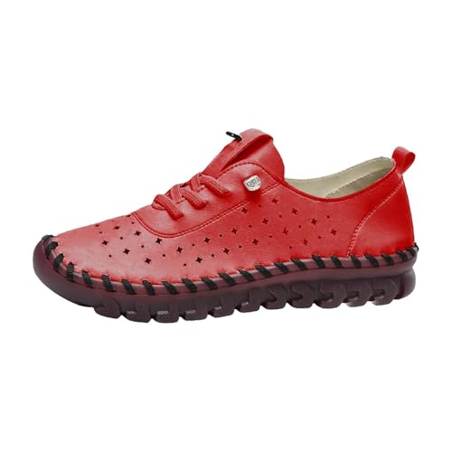 TUDUZ Damen LederSchnürschuhe Perforiertes Design Komfort-Gummisohle Weiche orthopädische Damenschuhe Turnschuhe Wanderschuhe Red gr 40 von TUDUZ