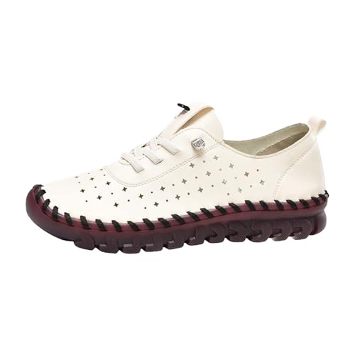 TUDUZ Damen LederSchnürschuhe Perforiertes Design Komfort-Gummisohle Weiche orthopädische Damenschuhe Turnschuhe Wanderschuhe White gr 38 von TUDUZ