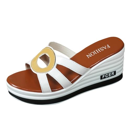 TUDUZ Damen Plateau-Pantoletten SchwarzBraun mit Gelb Keilabsatz Peeptoe Stylische Business-Sandalen (White, 39) von TUDUZ
