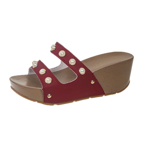 TUDUZ Damen Sandalen mit Perlen Keilabsatz Zweiriemigq Damen Strandschuhe mit schrägem Absatz hohl lässige Hausschuhe Schuhe mit Elegant Red gr 37 von TUDUZ