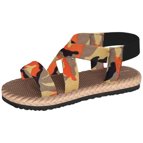 TUDUZ Damen Sandalen mit offenem Zehenbereich elastischem Knöchelriemen flach für den oder den Strand bequeme Schlupfsandalen Riemchenschuhe Sneaker High Damen Schuhe (Camouflage, 39) von TUDUZ
