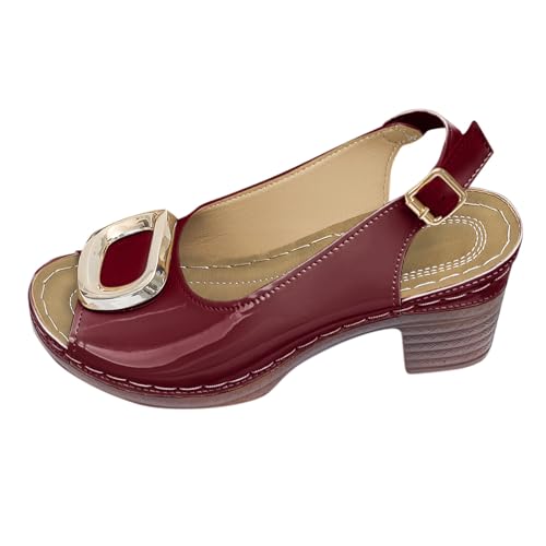 TUDUZ Damen Slingback Sandalen mit Blockabsatz BeigePatent Metallschnalle Peeptoe Plateausohle Dicker High Heel Casual Sandalen Highheels (Wine, 41) von TUDUZ