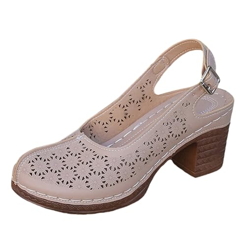 TUDUZ Damen Slingback Sandalen mit Lochmuster Blockabsatz Peeptoe Frauen Hohl Strand Sandalen Große Größe Schuhe Atmungsaktive Casual Schuhe (Beige, 43) von TUDUZ
