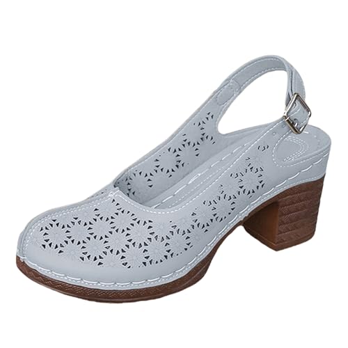 TUDUZ Damen Slingback Sandalen mit Lochmuster Blockabsatz Peeptoe Frauen Hohl Strand Sandalen Große Größe Schuhe Atmungsaktive Casual Schuhe (Grey, 42) von TUDUZ