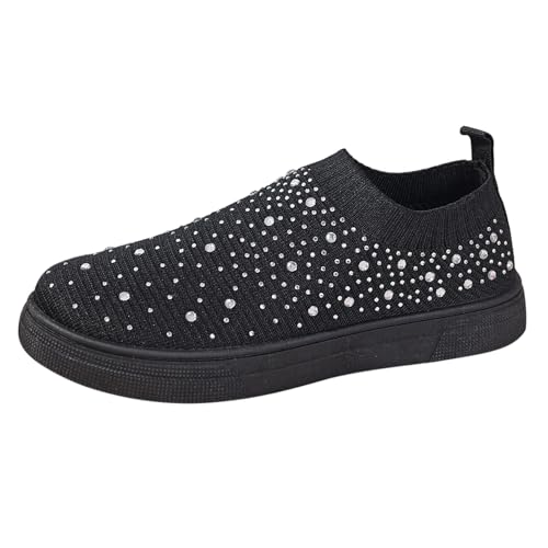 TUDUZ Damen Slip-On Sneaker mit Kristall-Verzierungen Strick-Design Flache Plateausohle Fly Weave Atmungsaktive Mesh Freizeitschuhe Black gr 40 von TUDUZ