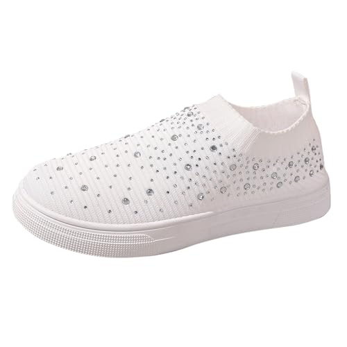TUDUZ Damen Slip-On Sneaker mit Kristall-Verzierungen Strick-Design Flache Plateausohle Fly Weave Atmungsaktive Mesh Freizeitschuhe White gr 41 von TUDUZ