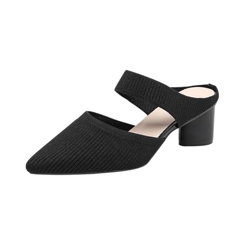 TUDUZ Damen Slipper mit Blockabsatz Gestrickt Spitze Zehenkappe Pantoletten für Damen klobiger Blockabsatz Bequeme Sandalen für Business und Alltag (Black, 40) von TUDUZ