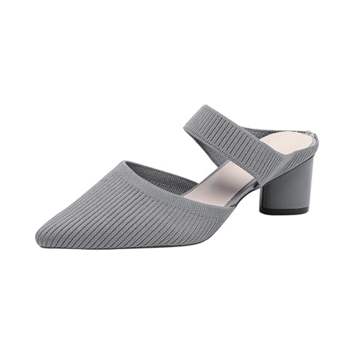 TUDUZ Damen Slipper mit Blockabsatz Gestrickt Spitze Zehenkappe Pantoletten für Damen klobiger Blockabsatz Bequeme Sandalen für Business und Alltag (Grey, 34) von TUDUZ