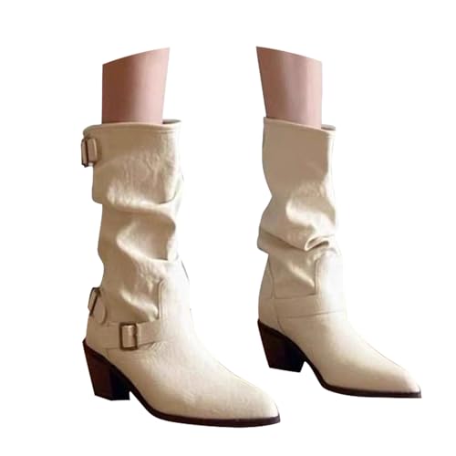 TUDUZ Damen Slouch Stiefel Westernstil mit Schnallen Blockabsatz Winterstiefel mit Plissee-Stiefel Spitze Zehenpartie und dickerBoden rutschfeste (White, 39) von TUDUZ