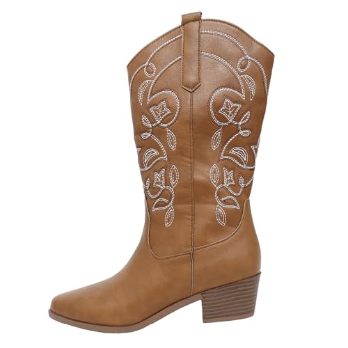 TUDUZ Damen Western Cowboystiefel Schwarz mit Stickerei Blockabsatz Neu Große Größe Stiefel Hohe Stiefel Weiß Western Cowboy Schuhe Herren (Brown, 42) von TUDUZ