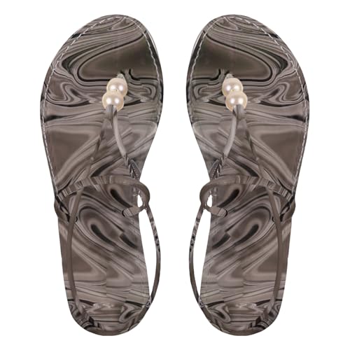 TUDUZ Elegante Damen Peeptoe Sandalen Mit Perlen verziert Flip-Flops Damen Flache Sandalen Bequeme Outdoor-Bekleidung Elastische Freizeitsandalen (Grey, 43) von TUDUZ