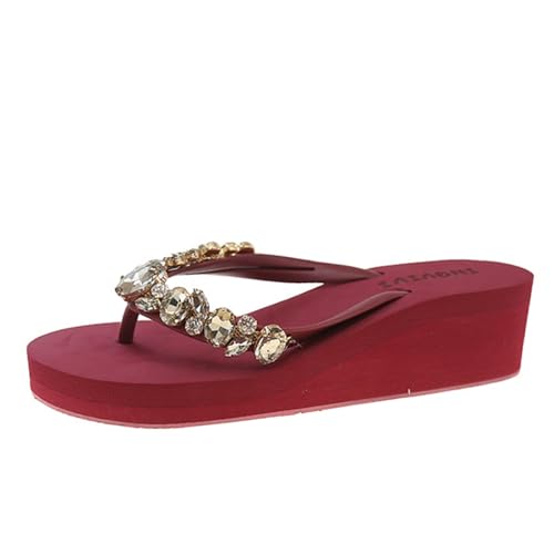 TUDUZ Fashion Damen Sandalen mit Kristall-Verzierung Keilabsatz Damen-Flip-Flops modische Clip-Toe-Hausschuhe für den Außenbereich lässige Hausschuhe Red gr 37 von TUDUZ
