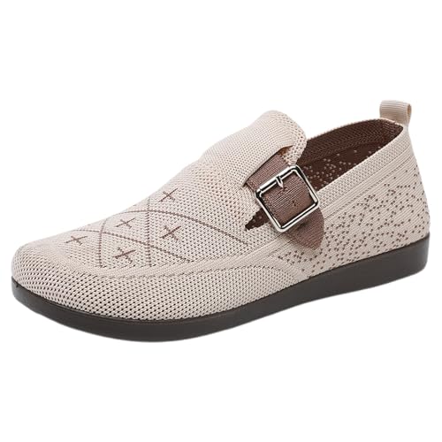 TUDUZ Frühling Damen älteren Schuhe Flache Unterseite Damen Freizeitschuhe Mesh Slipper mit Schnalle Atmungsaktiv Strick-Design Flache Freizeitschuhe (White, 38) von TUDUZ