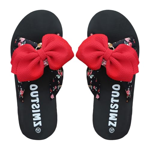 TUDUZ Geblümte Träger Bogen Dekoration Damen Sandalen Dicke ist weich Stöckelschuhe Strand Flip Flops Lässige Hausschuhe Red gr 40 von TUDUZ