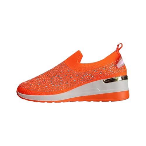 TUDUZ Kristall-Verzierung Glitzer-Sneaker Plateau-Keilschuhe Funkelnde Mesh-Sneaker Atmungsaktive Glitzerschuhe Damenschuhe Slipper (Orange, 40) von TUDUZ
