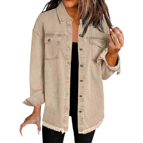 TUDUZ Oversize Jeansjacke Damen Fransen-Design Lange Ärmel Mantel Denim-Tops für Damen Khaki gr XL TUDUZ Oversize Jeansjacke Damen Fransen-Design Lange Ärmel Mantel Denim-Tops für Damen Khaki gr XL von TUDUZ