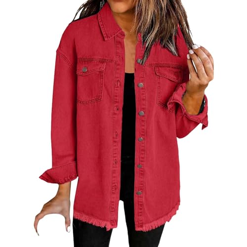 TUDUZ Oversize Jeansjacke Damen Fransen-Design Lange Ärmel Mantel Denim-Tops für Damen Red gr S TUDUZ Oversize Jeansjacke Damen Fransen-Design Lange Ärmel Mantel Denim-Tops für Damen Red gr S von TUDUZ
