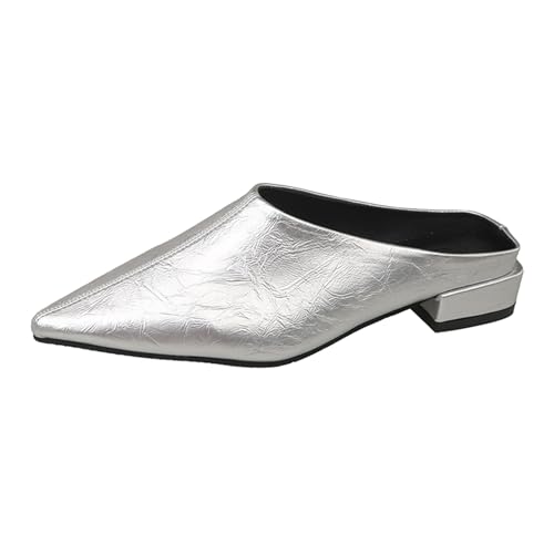 TUDUZ Spitze Damen Mules Lackleder-Optik Niedriger Blockabsatz Frühling Koreanische Version der neuen spitzen flache Unterseite Halb Hausschuhe weibliche Silver gr 38 von TUDUZ